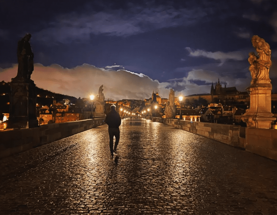 Prague, James Stafford walking home